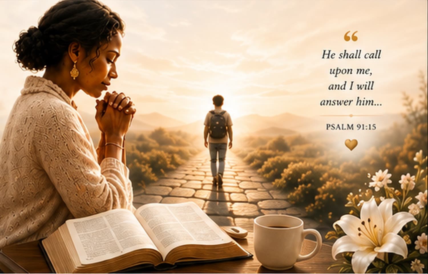 A mother with clasped hands prays over an open Bible as her son walks a sunlit path ahead of her.